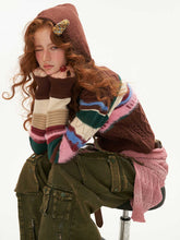 Retro contrast striped hooded sweater outerwear cardigan